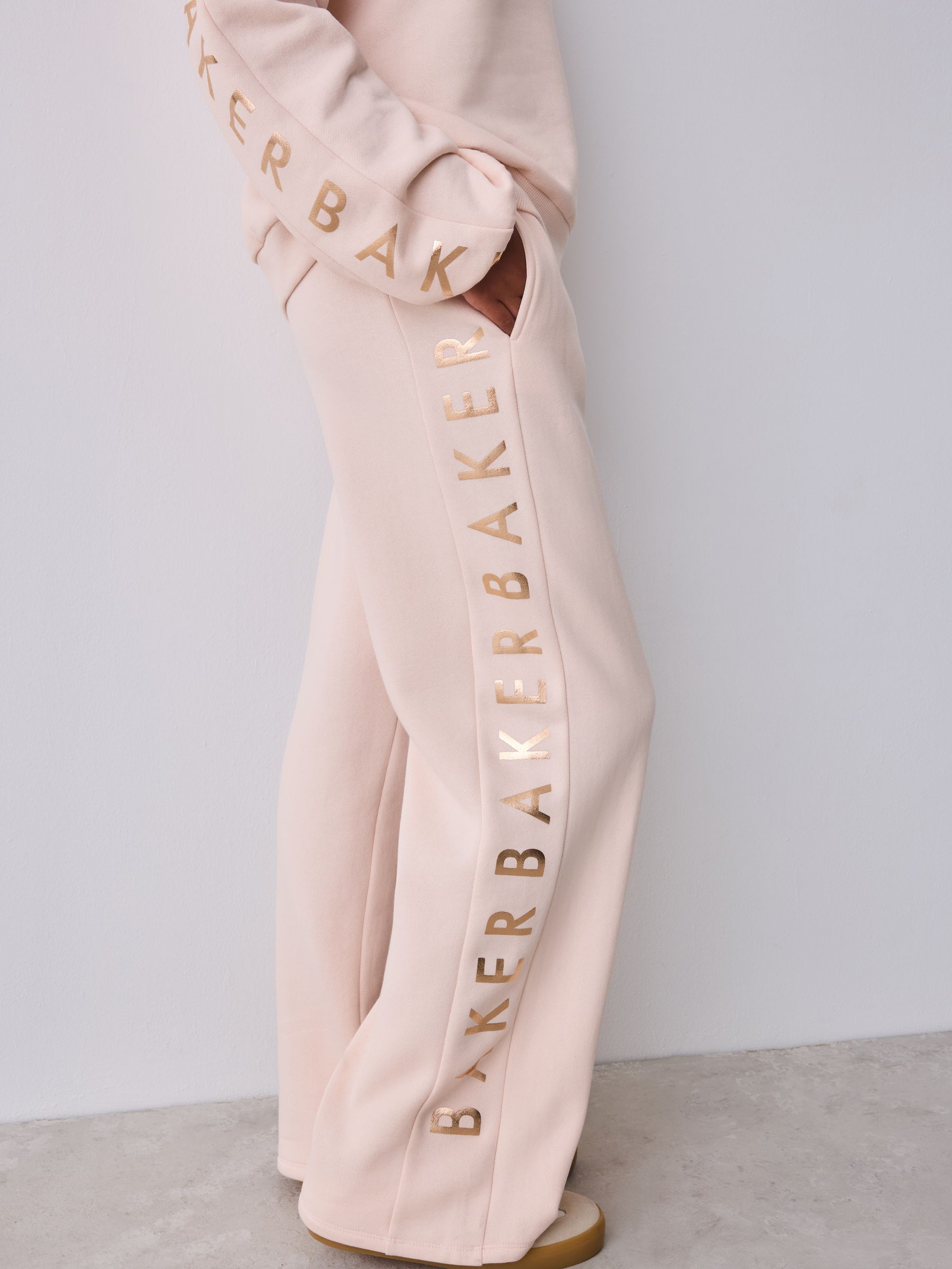 Baker by Ted Baker Pink 2 Piece Metallic Side Graphic Sweat & Wide Leg Joggers Set