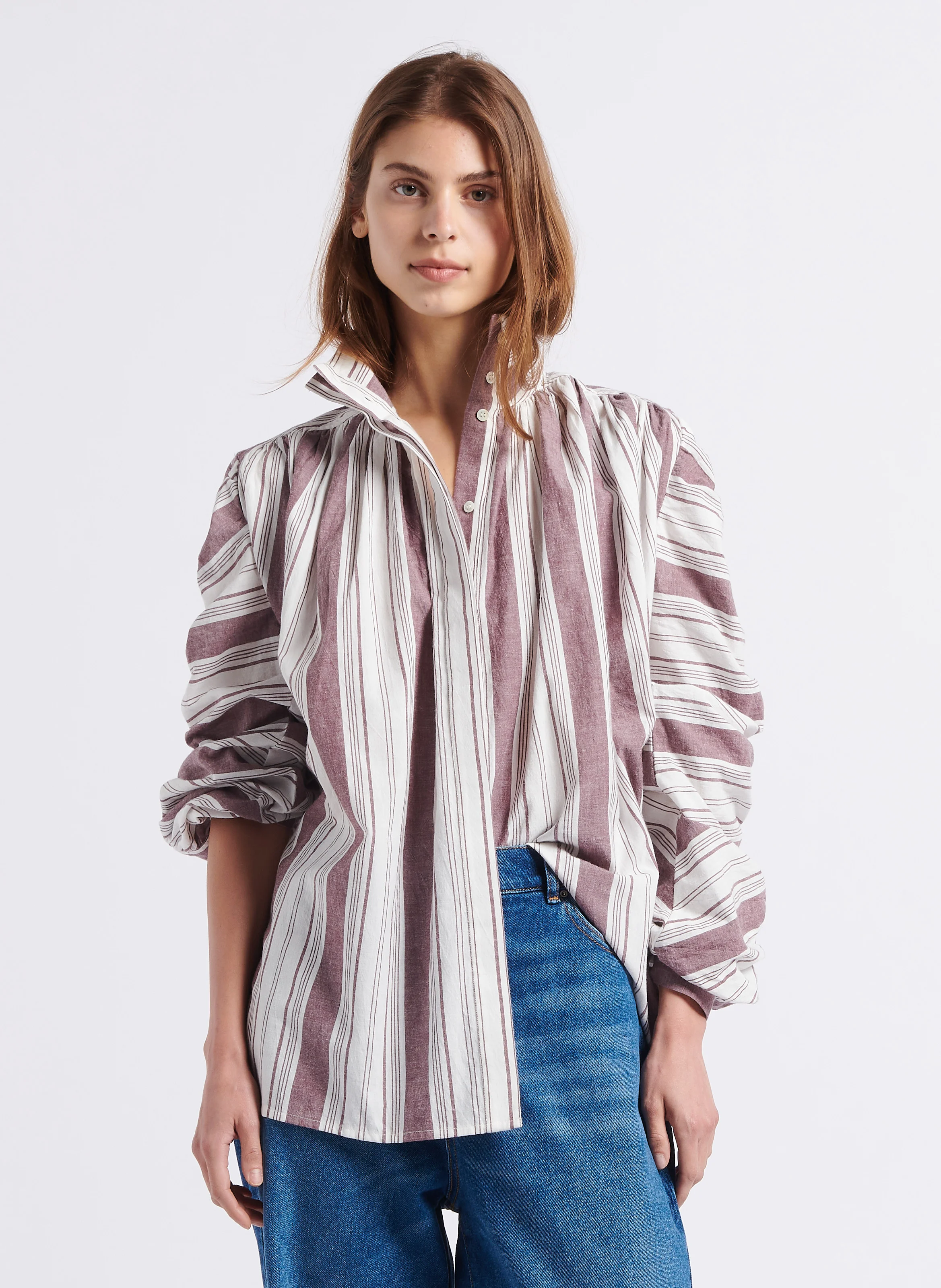 JOY - Chemise rayée col montant en coton | Blanc