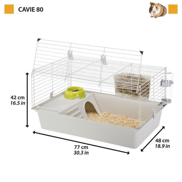 Cage cochons d'inde - maisonnette, gamelle, ratelier et abreuvoir -