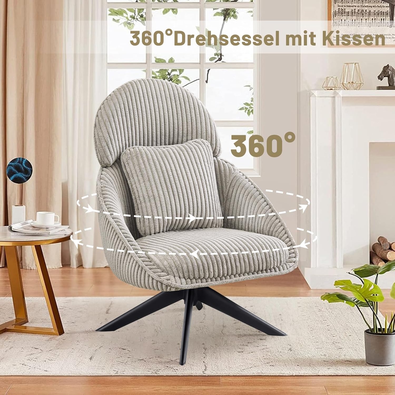 Loungesessel Sessel Wohnzimmer 360°Drehbar, Ohrensessel Armlehnstuhl Polsterstuhl mit dickem Abnehmbares Wurfkissen, Relaxsessel Lesesessel für Wohnzimmer Schlafzimmer Büro, Grau