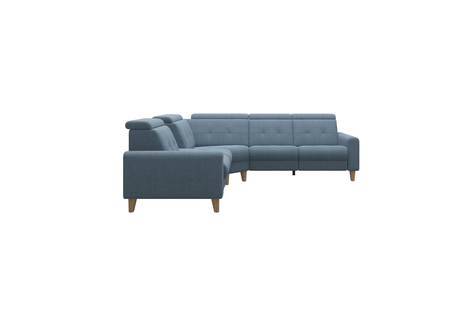 Anna C12 hjørnesofa (PCenterCMM) Tekstil Dahlia Light Blue med A1 arm og eikbeisede skrå ben, 14 cm. (Power-Center-CornerManual-Manual)