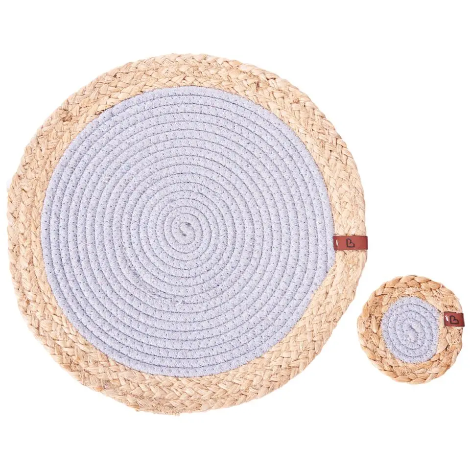 ROSELLA - Set 12 placemats en onderzetters - Grijs/Natuurlijk - Jute