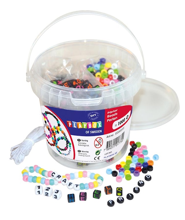 Bokstavperler i bøtte Ca 1000 perler 4 sorter Playbox