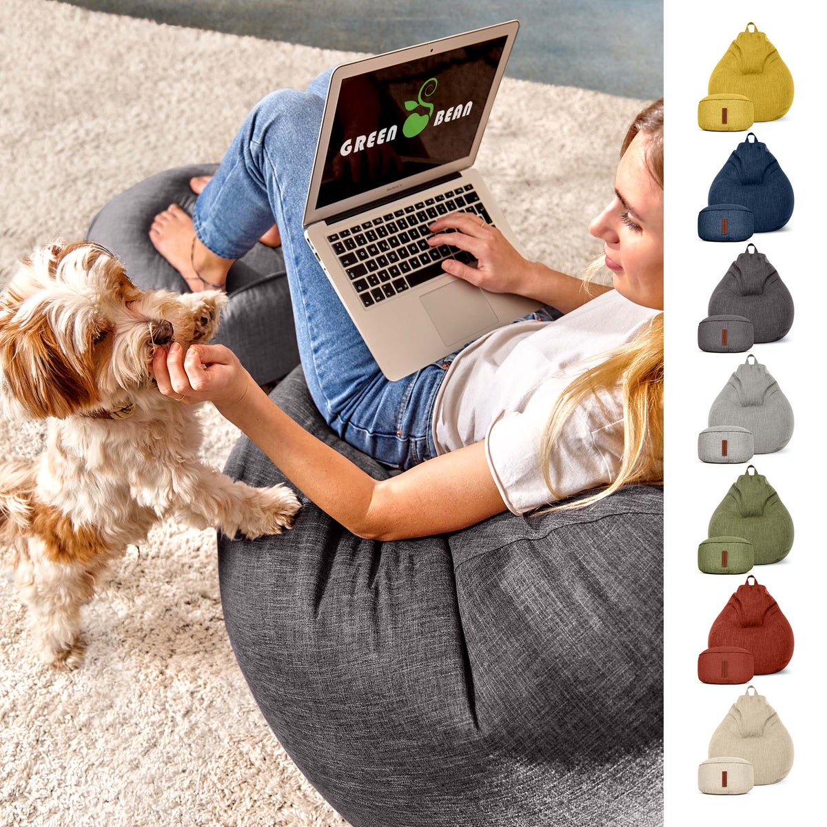 Green Bean 2-delige set zitzak + kruk voor binnen met EPS-korrelvulling - voetenbank, voetkussen, zitpoef, vloerkussen, ligstoelkussen, zitkussen, loungestoel, kruk, relaxstoel, zitzak, donkergrijs asfalt