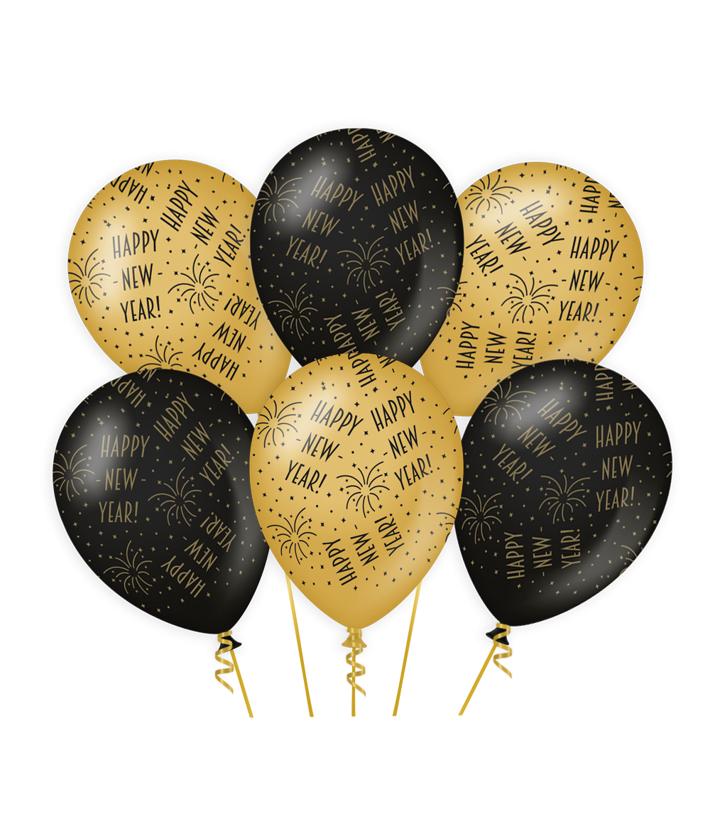 Ballonnen Happy New Year Goud Zwart 30cm 6st