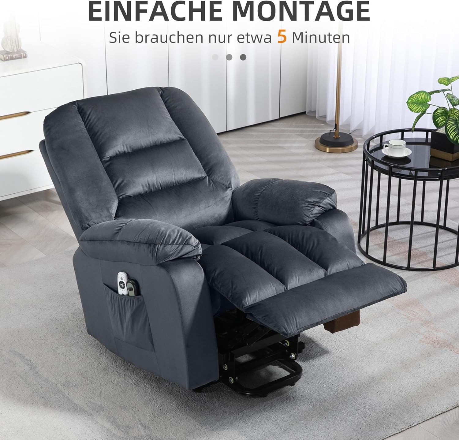HOMCOM Fernsehsessel mit Aufstehhilfe Elektrisch Relaxsessel mit Wärmefunktion, Massagefunktion, Liegefunktion Massagesessel mit Fernbedienung, Fußteil, Seitentasche TV Sessel für Wohnzimmer Grau