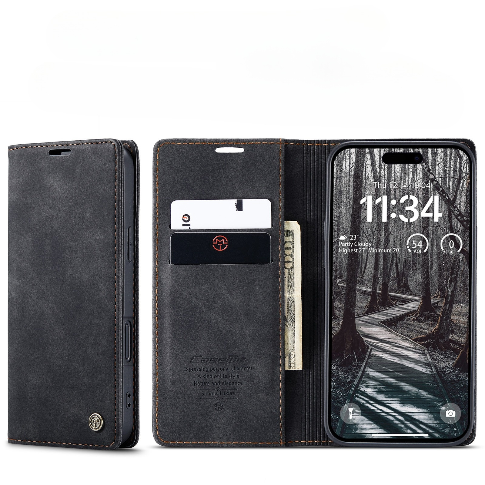 iPhone 17 Pro Leder Tasche Flip Wallet Etui mit Kartenfächern - Schwarz