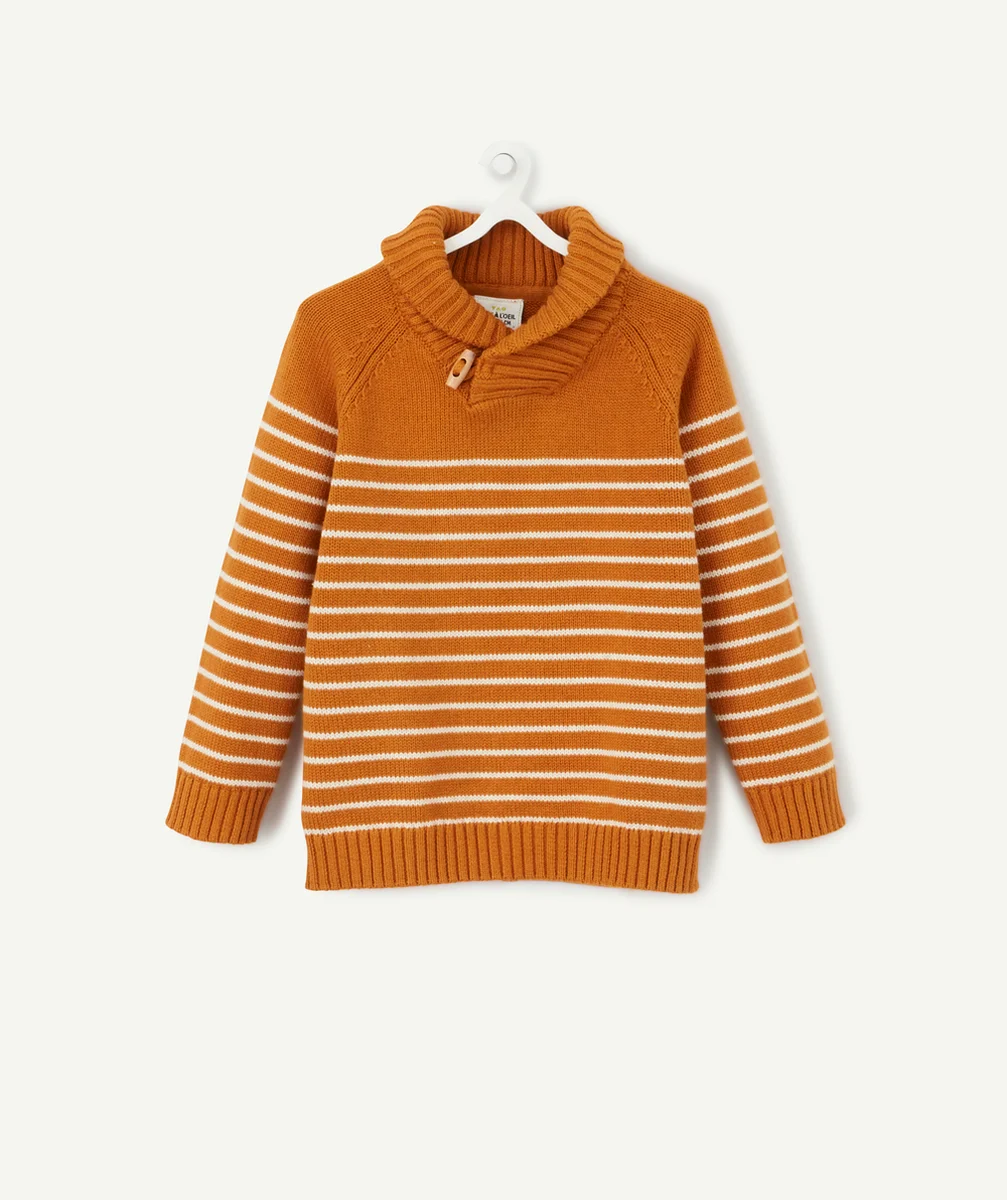 PULL EN TRICOT RAYÉ OCRE BÉBÉ GARÇON AVEC COL MONTANT