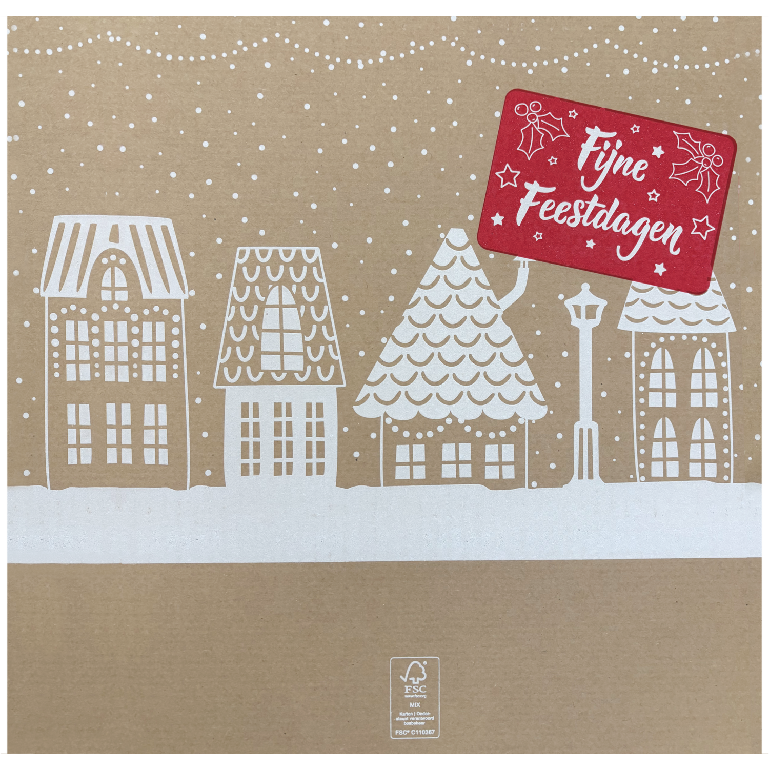 Kerstpakketdoos, Huisjes, golfkarton, 45x35x23cm, Kerstmis, d,