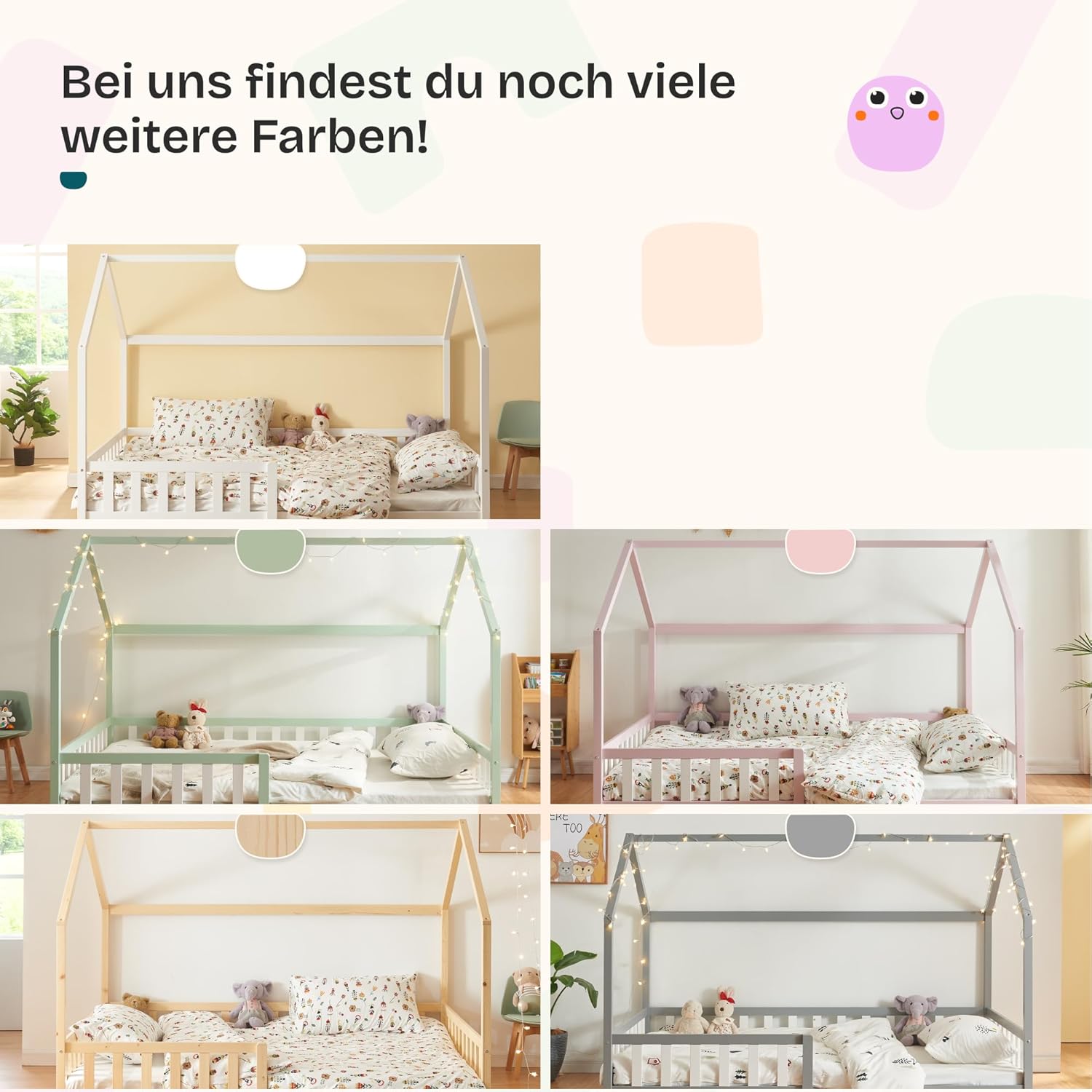 [en.casa] Kinderbett Hesel Hausbett Mintgrün 120 x 200 cm mit Rausfallschutz und Lattenrost Montessori Bodenbett Jugendbett Holzbett