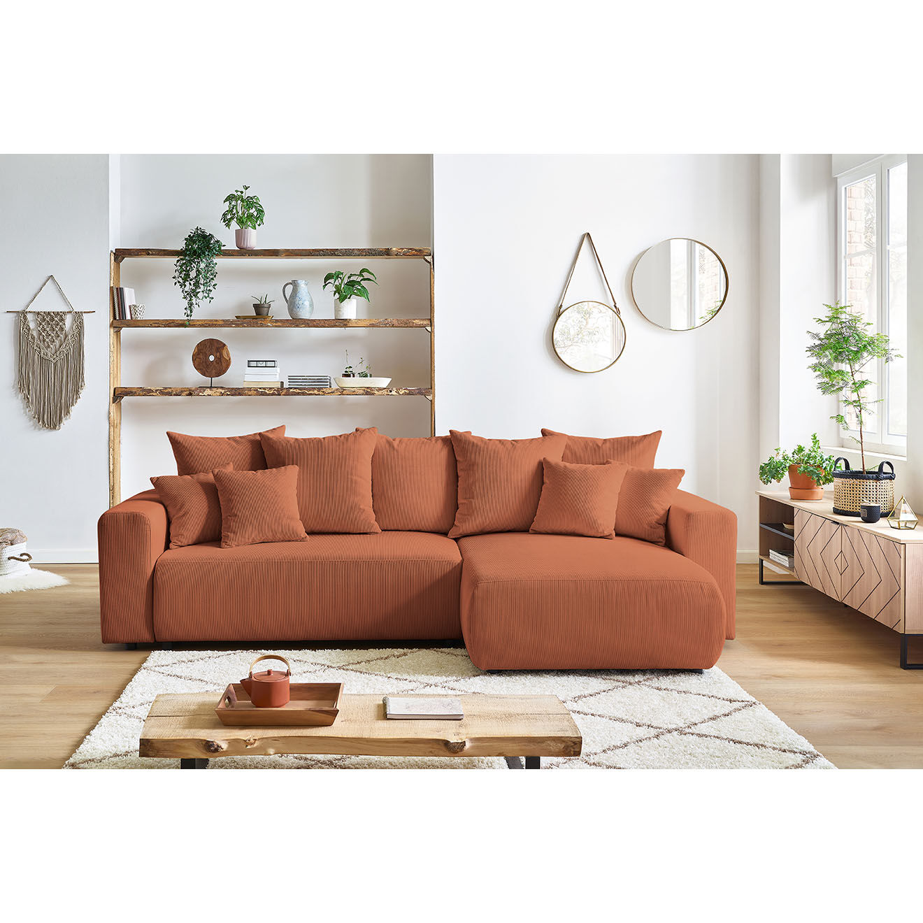 Bobochic Canapé d'angle convertible reversible velours côtelé Envy orange - 282x153x95 cm
