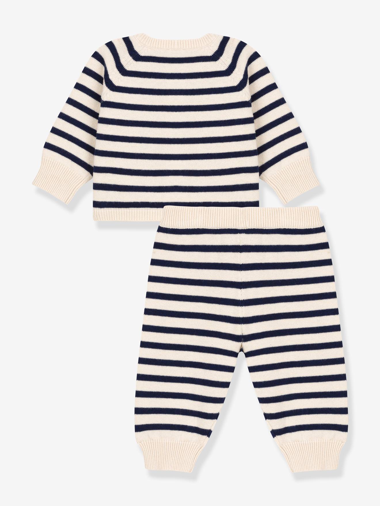 Conjunto PETIT BATEAU de 2 peças em malha listrada branca com estampa, confeccionada em lã e algodão tricot.