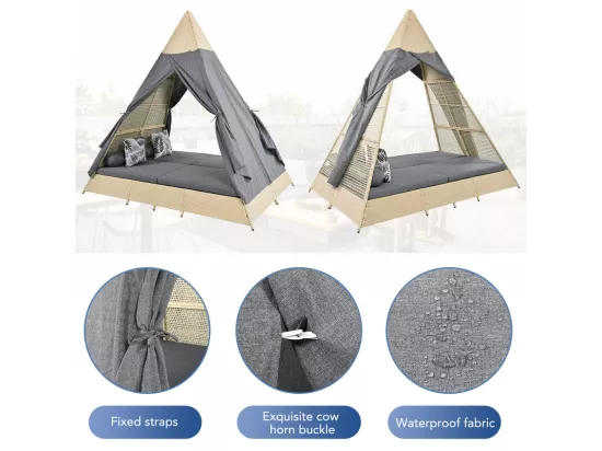 Lit de jardin - tente en rotin pour 2 personnes - avec rideau et coussins - Beige