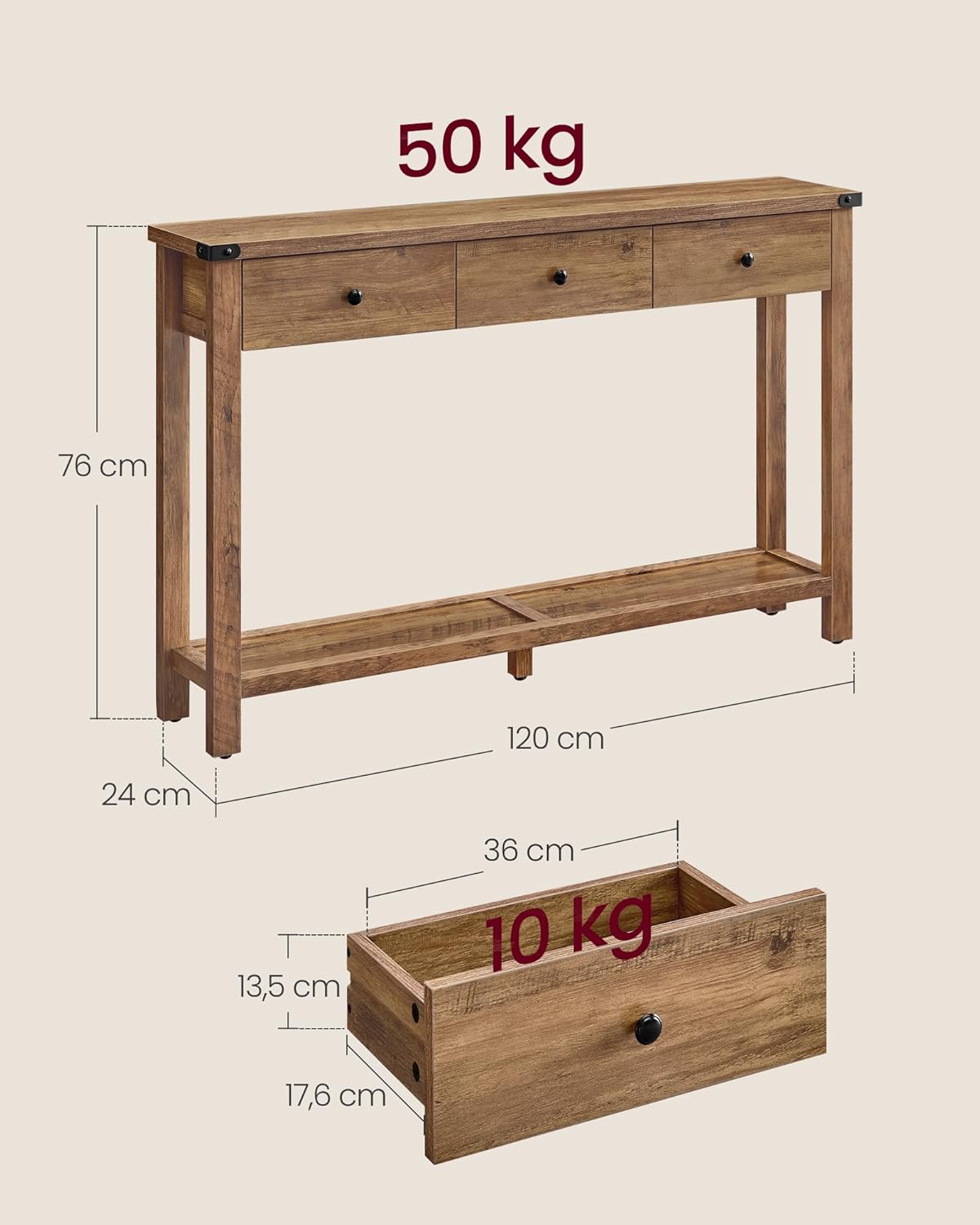VASAGLE Konsolentisch, Beistelltisch, schmaler Sofatisch, mit 3 Schubladen und Einer Ablage, für Flur, Wohnzimmer, Landhausstil, honigbraun LNT142KB01