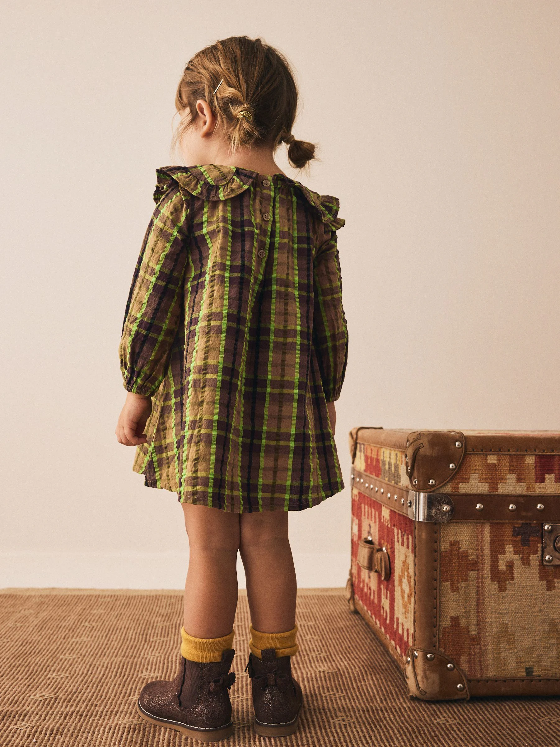 Chocolate/Lime Check - Frill Collar Long Sleeve Dress (3mths-8yrs)