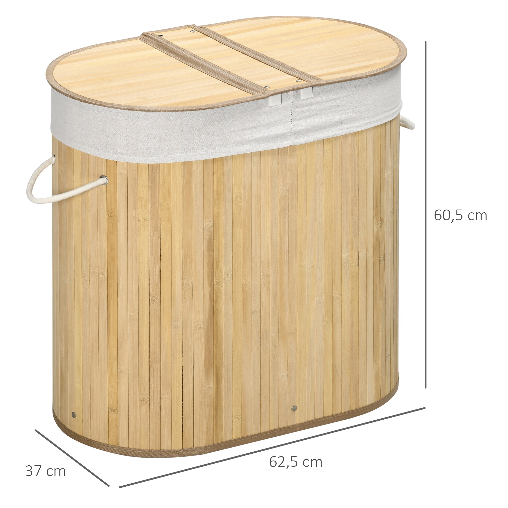 HOMCOM Wäschekorb mit Deckel natur 62,5L x 37B x 60,5H cm