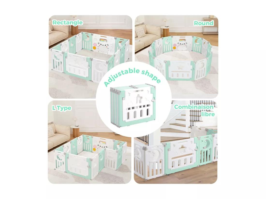 Parc Bébé 12+2 Panneaux,Barrière de Sécurité Portail,Grille de Protection en Plastiqu Ecologiques,150x150x62cm - Vert