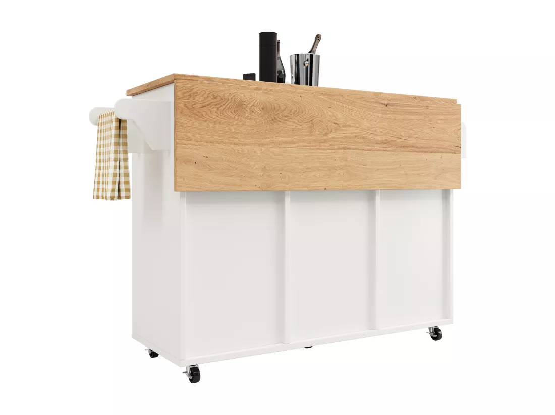 Ilot central de cuisine - chariot à roulette avec plateau extensible - 2 portes et casier à vin - Blanc