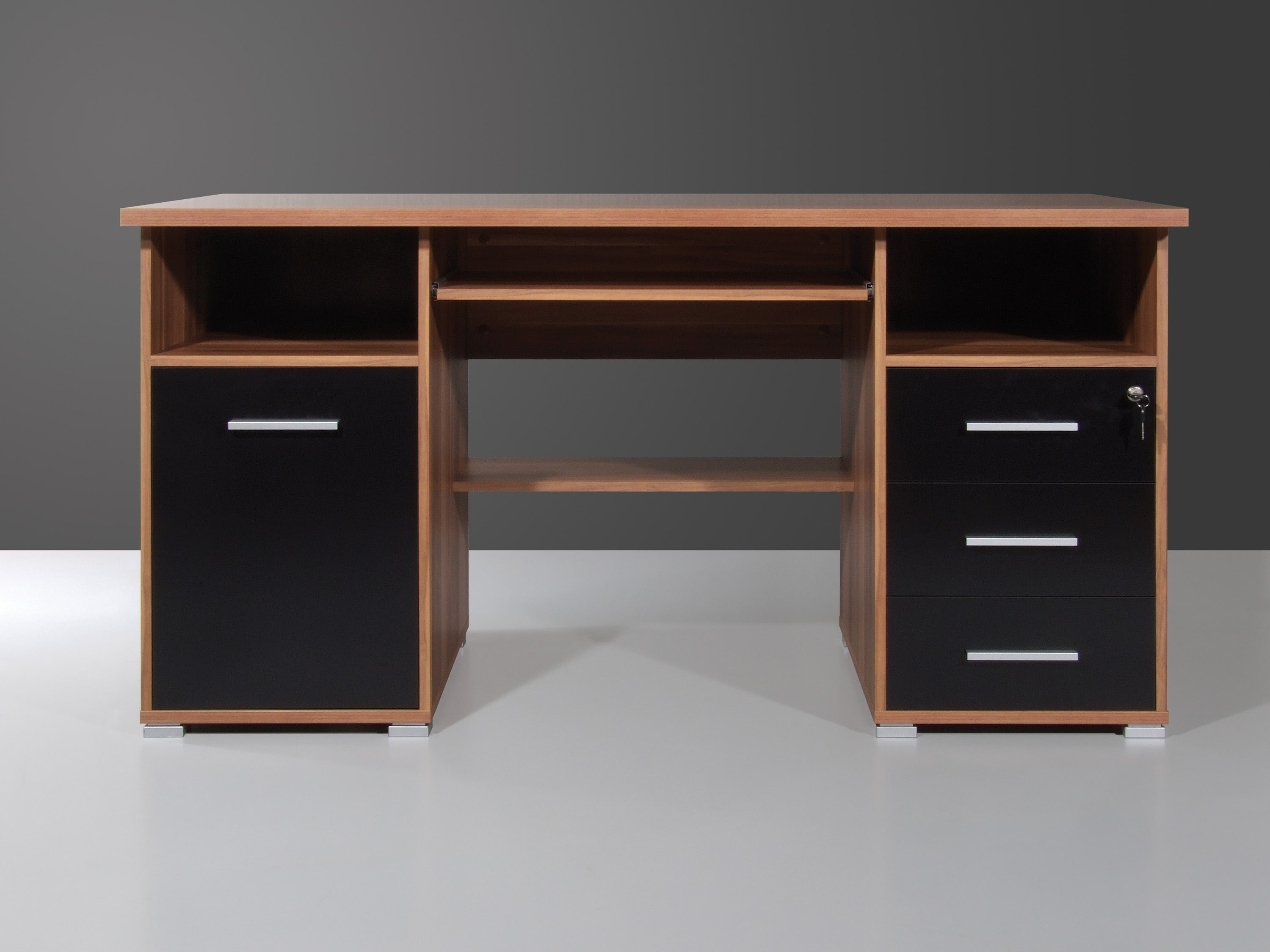 Germania Computertisch 0484-87 in Walnuss-Nb./Schwarz, 145 x 75 x 70 cm, abschließbar und mit Tastaturauszug