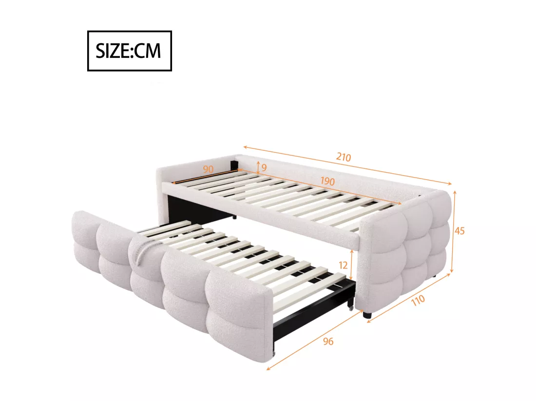 Lit gigogne 90/180x190 cm en velours - avec sommier à lattes - Beige