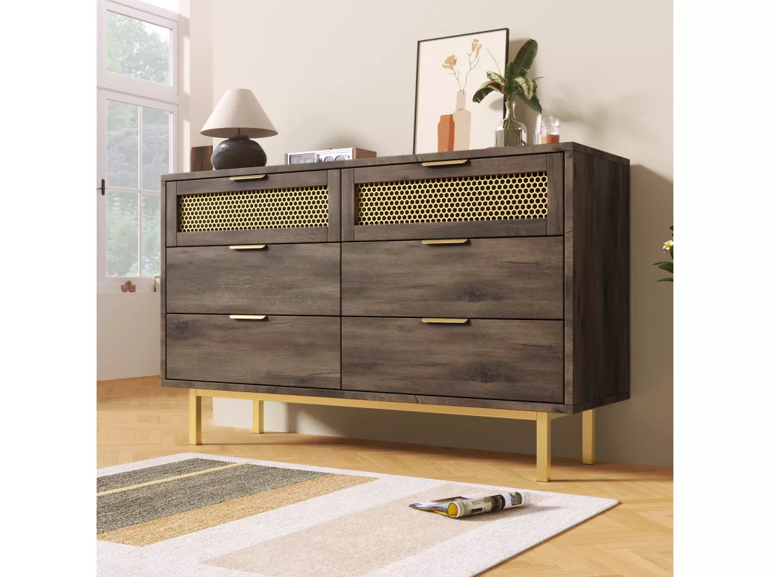 Commode avec 6 tiroirs, 120 x 40 x 76 cm, Panneaux de particules + métal, Marron foncé