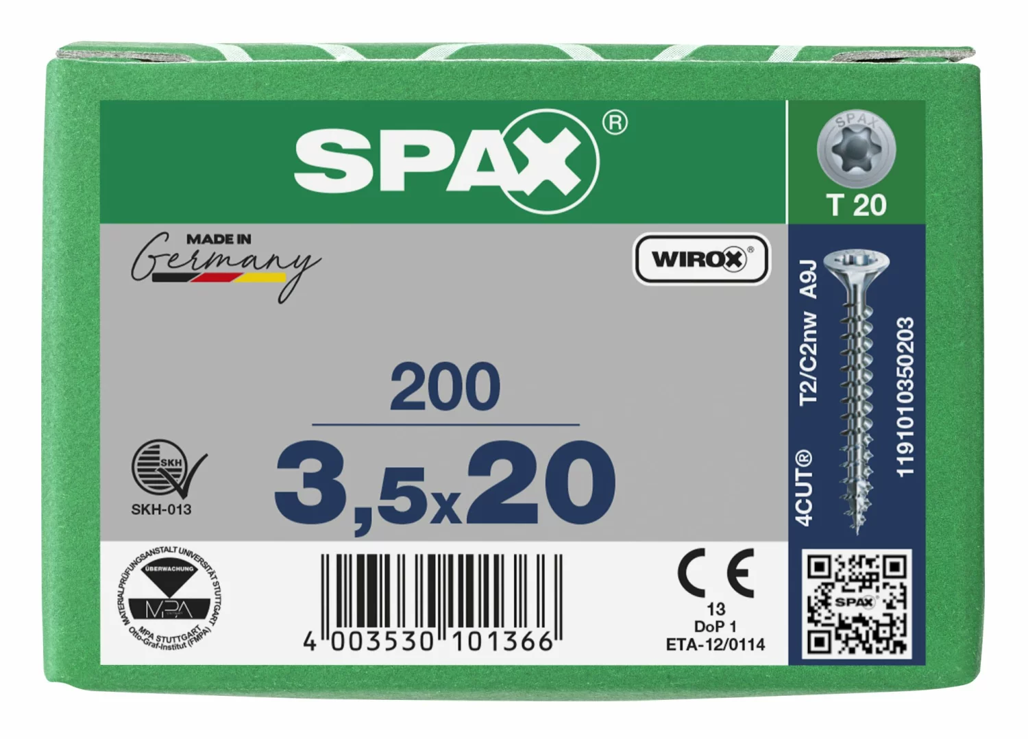 SPAX 1191010350203 Universele schroef, Verzonken kop, 3.5 x 20, Voldraad, T-STAR plus TX20 - WIROX - 200 stuks