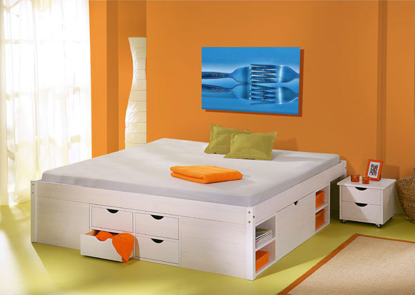 Funktionsbett TILL - weiß - Massivholz - 140x190 cm