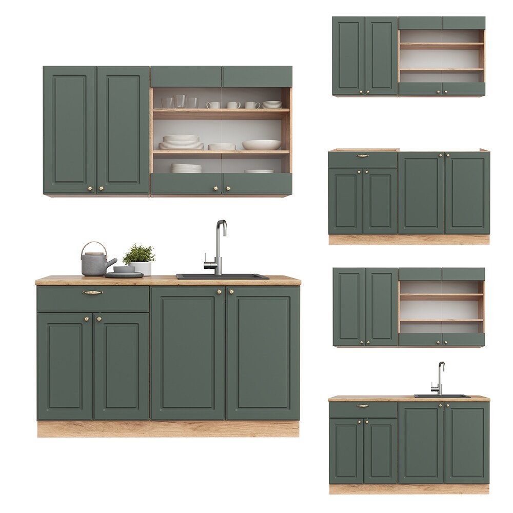Vicco Küchenzeile Küchenblock Einbauküche Fame-Line Single Landhaus Eiche Grün Gold 140 cm modern Küchen Schränke Spülenunterschrank Schubunterschrank Hängeschrank Hängeglasschrank