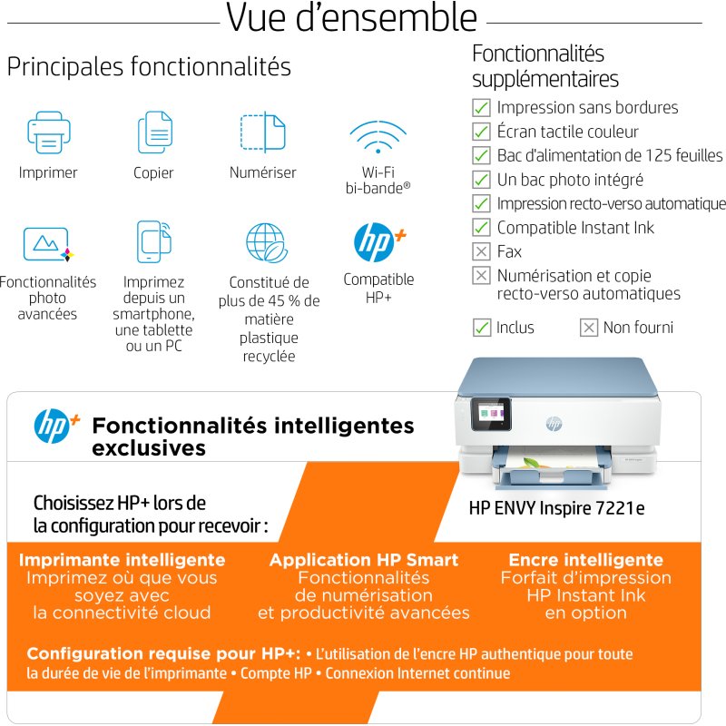 HP ENVY Inspire 7221e Sans fil All-in-One Couleur Imprimante, Instant Ink; Impression photo