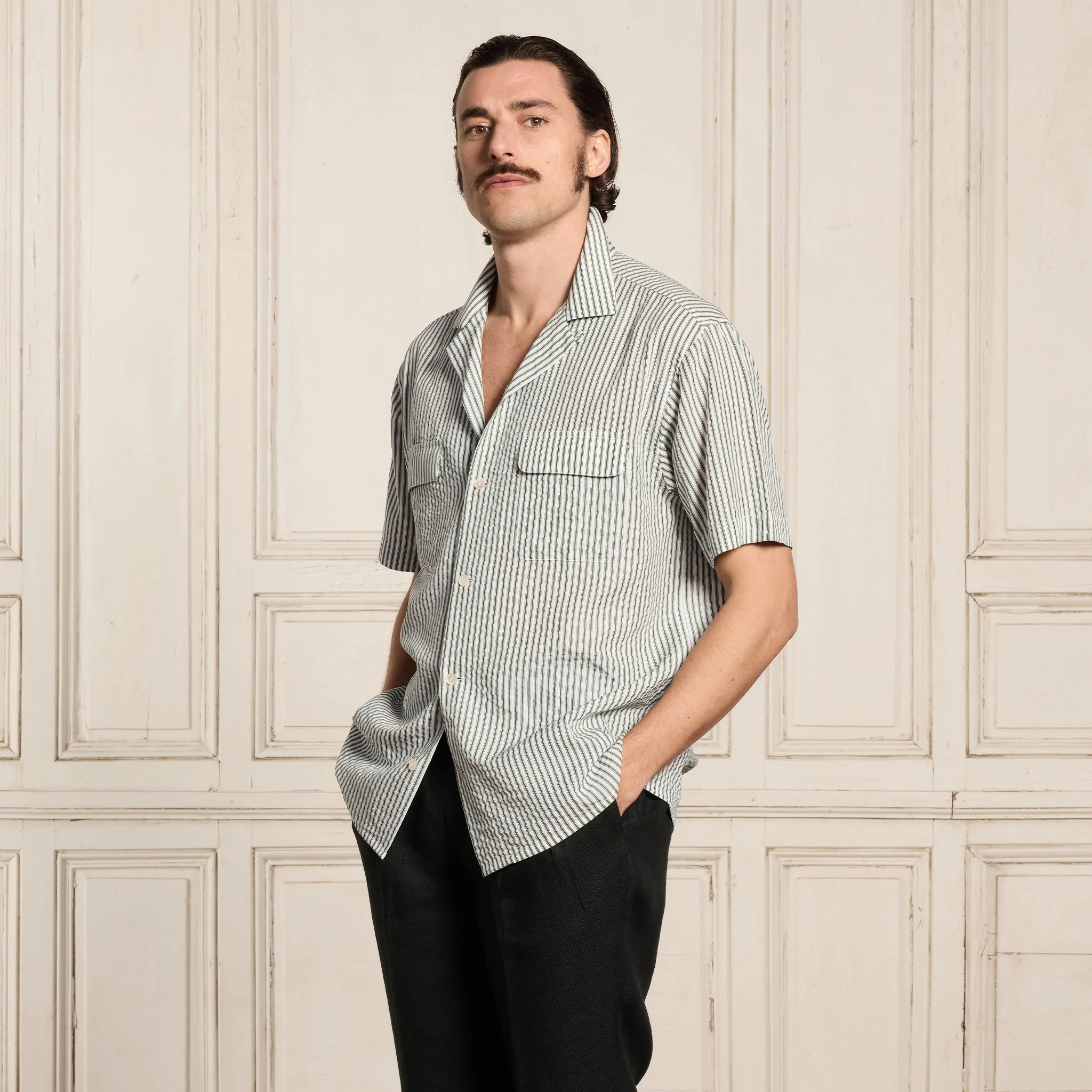 Green Striped Tencel Short Sleeve Shirt