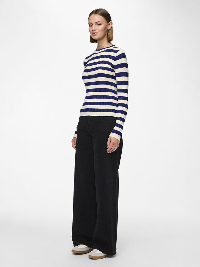 Pieces PCCRISTA LS O-NECK KNIT NOOS BC Bellwether blue/wide birch stripes