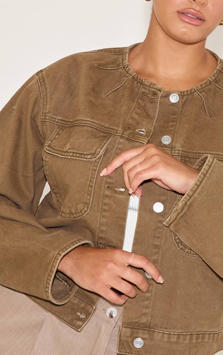 Marron Veste En Jean Sans Col Avec Détails Grande Taille