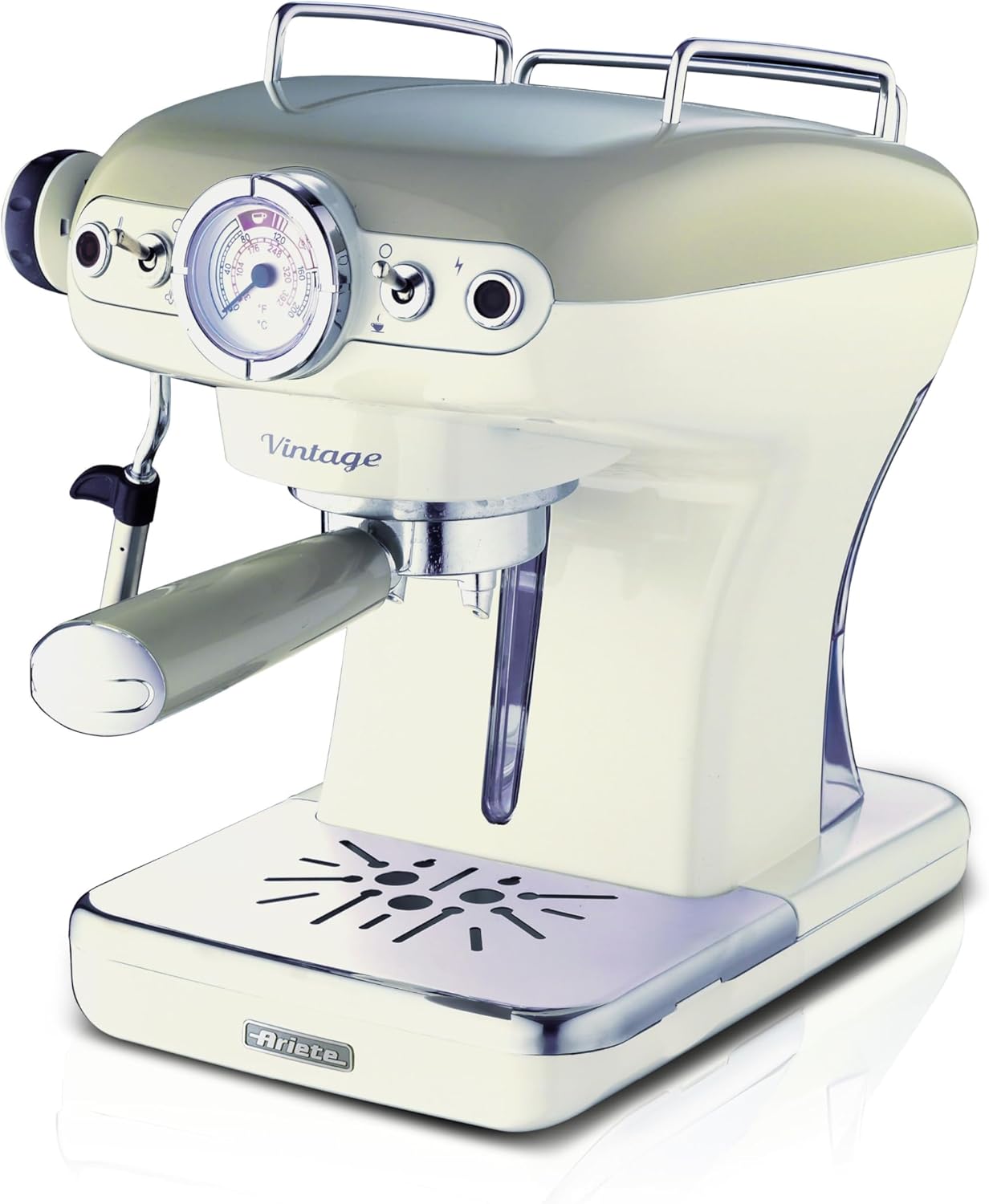 Ariete Espresso Vintage 1389, Machine à Café Expresso Pour Poudre Ou Dosette Ese, 1 Et 2 Tasses, Buse Cappuccino, Support de Tasse en Acier Inoxydable, 15 Bars, 850W, Beige