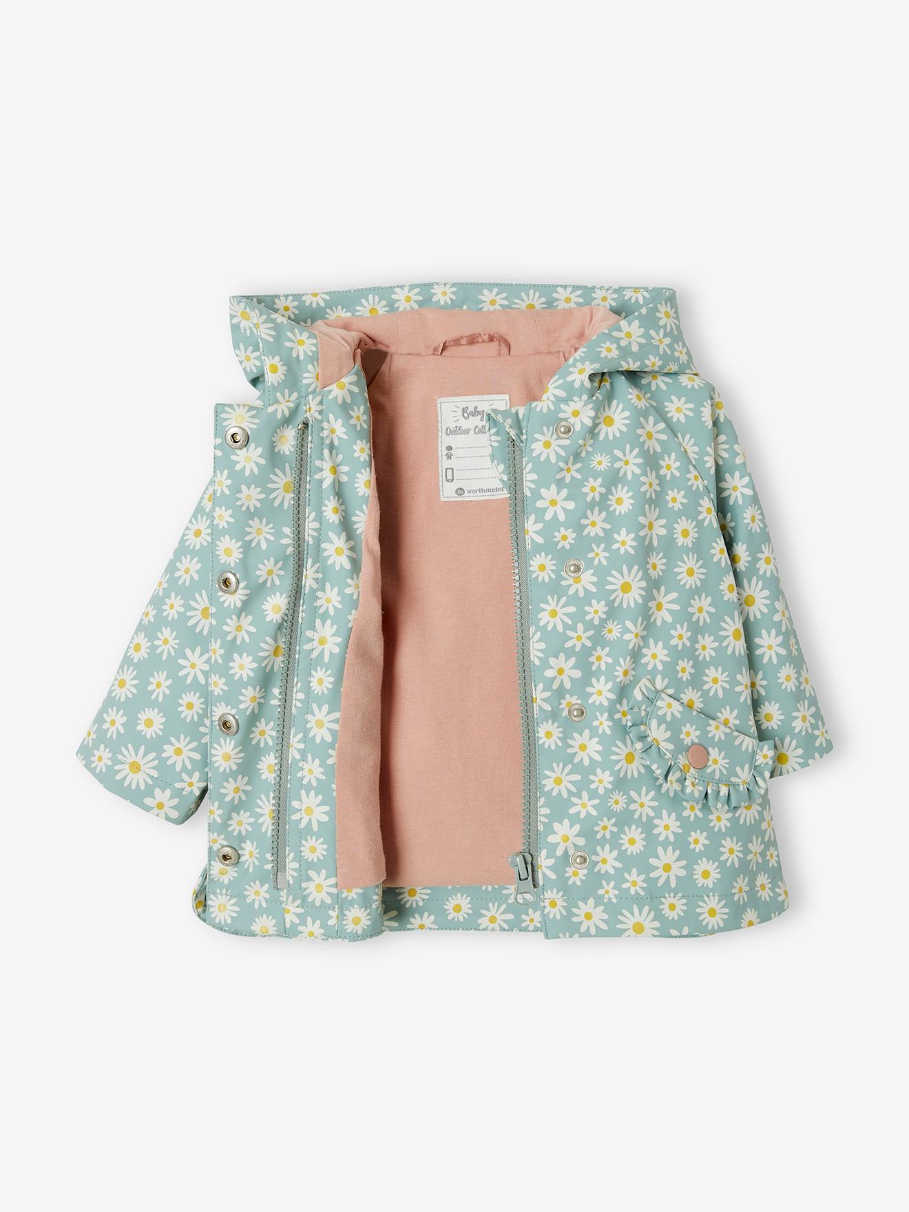 Capa de chuva com capuz para bebê menina, tamanho médio, estampa verde.