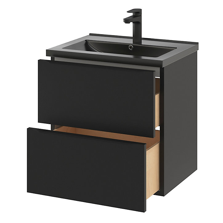 Ensemble salle de bains l.60 cm meuble à suspendre Imandra noir mat + plan vasque céramique noir