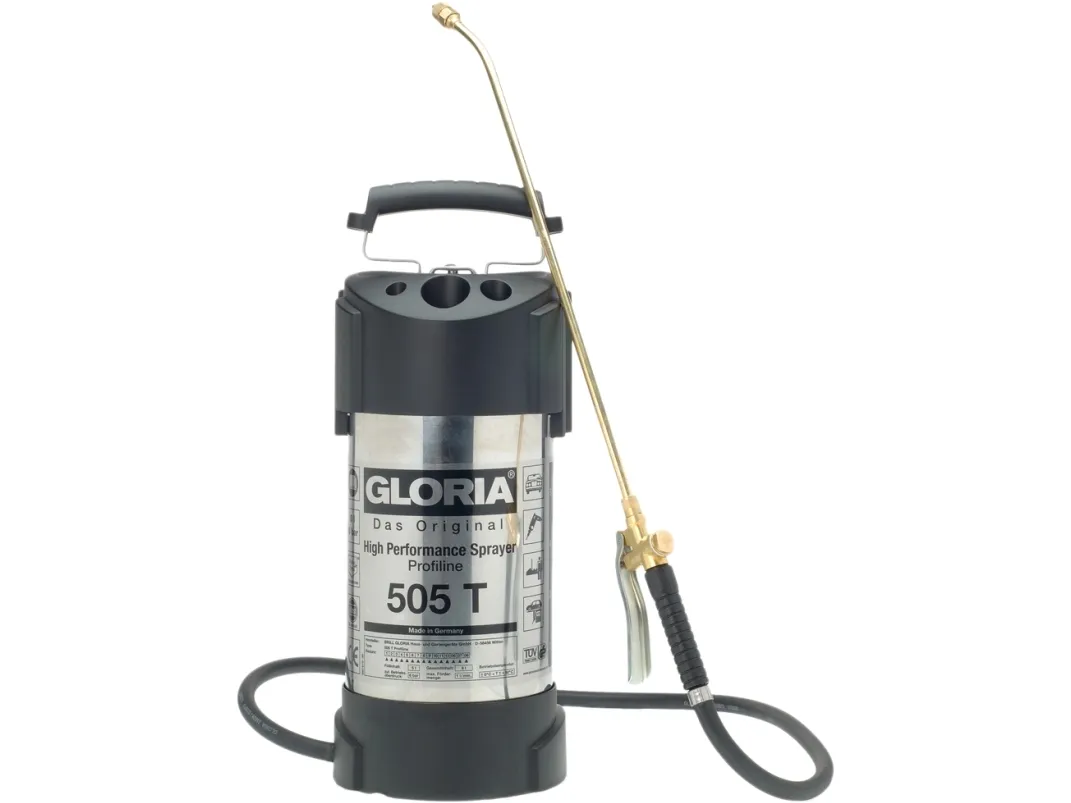 GLORIA 505 T Profiline, Hånd havesprøjte, 5 L, 8 L, Sort, Hvid, Rustfrit stål, Messing