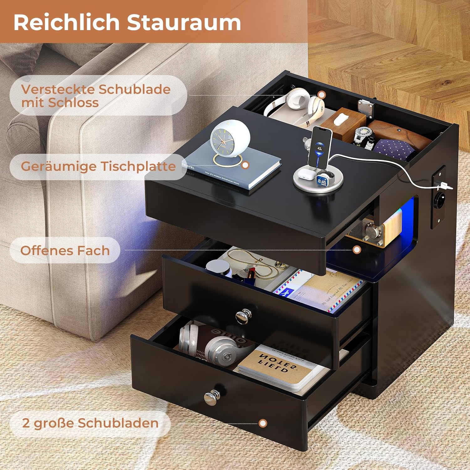 AOGLLATI Nachttisch mit Geheimfach,Nachtschrank mit Steckdose und LED-Beleuchtung Beistelltisch mit 2 Schubladen,1 Ausziehrega,1 Fach,Hochglanzoberfläch (2, Schwarz, 40x35x59cm)