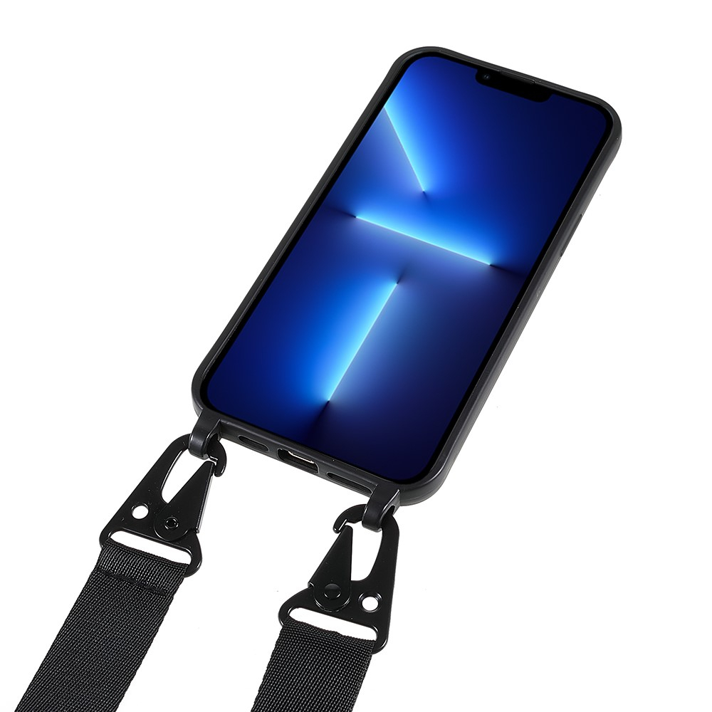 iPhone 13 Pro Necklace Gummi Case Hülle   Handykette Nylon Strap (160cm) - Schwarz