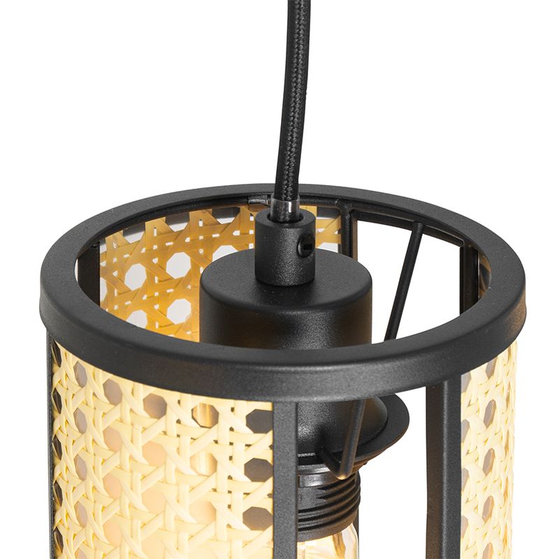 Oosterse hanglamp zwart met rotan 3-lichts langwerpig - Akira