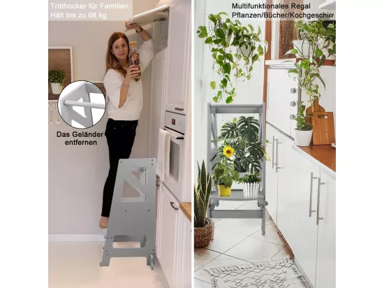 Tour d'apprentissage en Bois,Tour d'observation pour Enfants,Montessori Learning Tower,Réglable en hauteur Marchepied pour bébé avec Tableau Noir-Gris