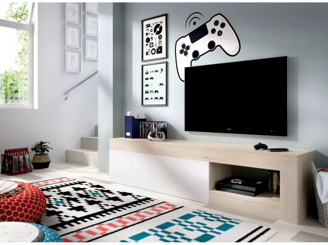 Meuble TV Averau, Buffet bas de salon, Buffet de salon pour télévision, 204x42h48 cm, Chêne et Blanc