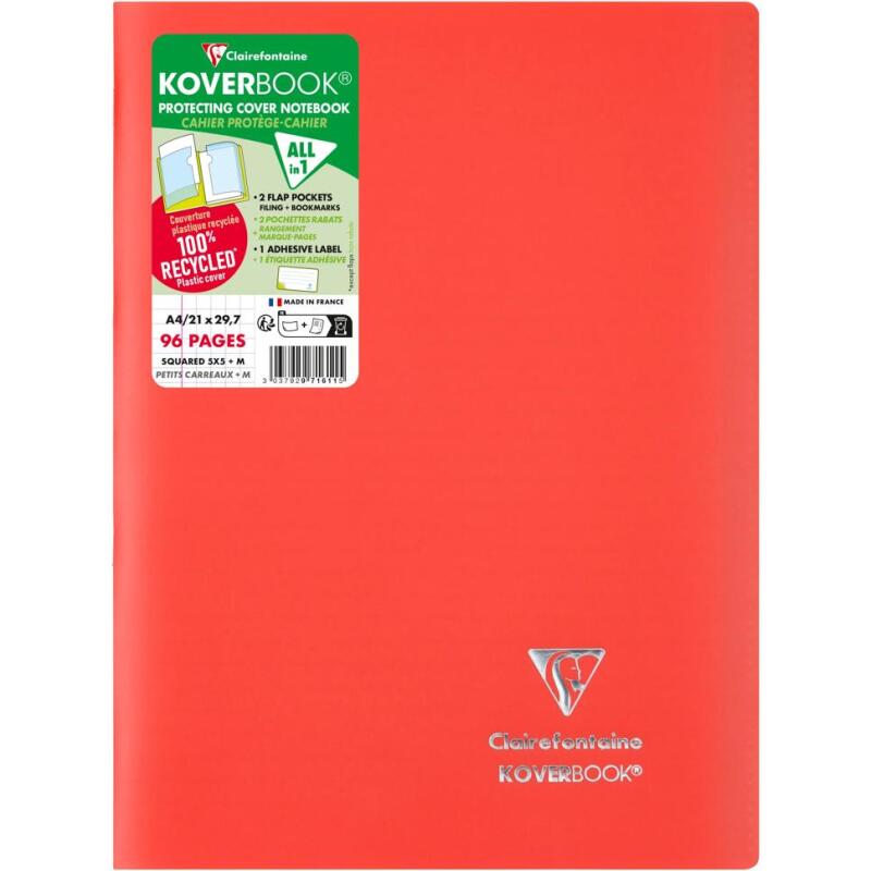 Cahier piqué Koverbook A4 96 pages petits carreaux couverture polypropylène opaque 100% recyclé - Assortis