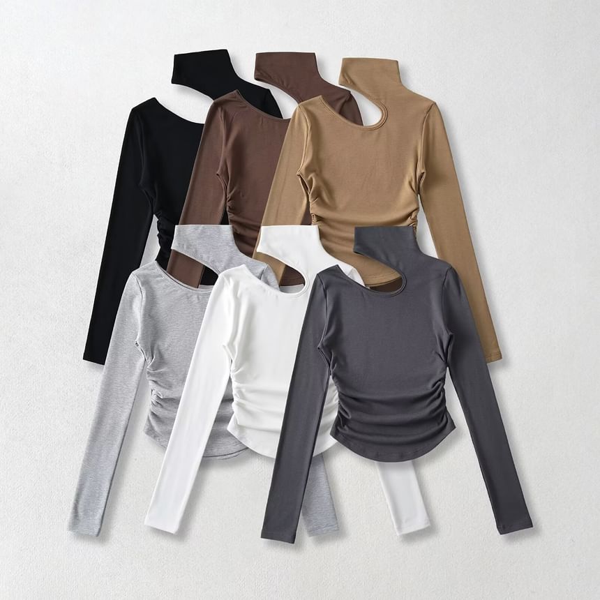 Morhan - T-shirt met lange mouwen, ronde hals, effen uitsnijding en gerimpelde, slanke pasvorm
