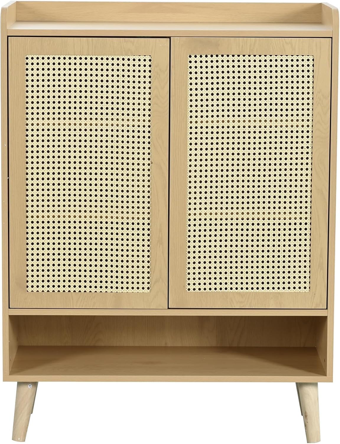 Hommdiy Schuhschrank Sideboard Multifunktionsschrank aus natürlichem Rattan, Schuhkommode Schuhregal mit 2 Türen und 5 Regalböden, für den Flur. Mit Holzgriffen und Massivholzbeinen B80/H105/T35 cm