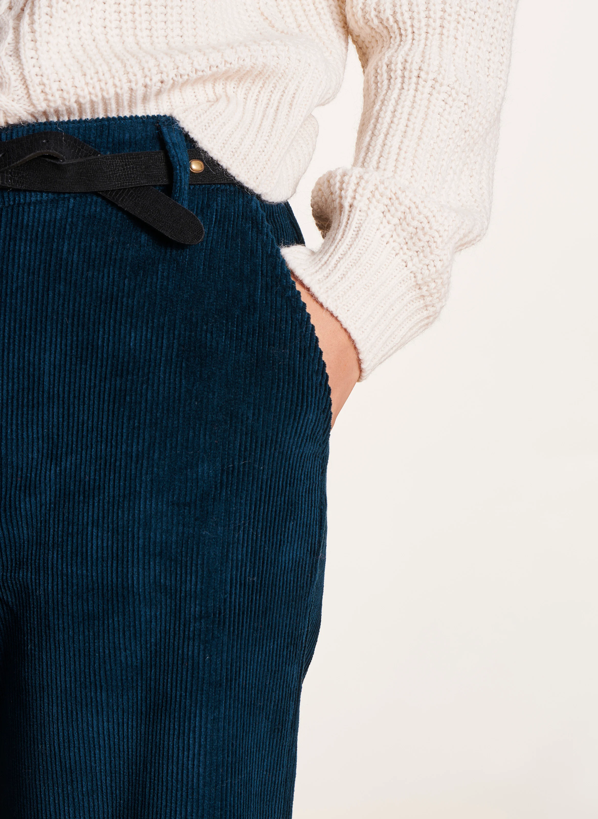 Pantalon large taille haute en coton mélangé | Bleu