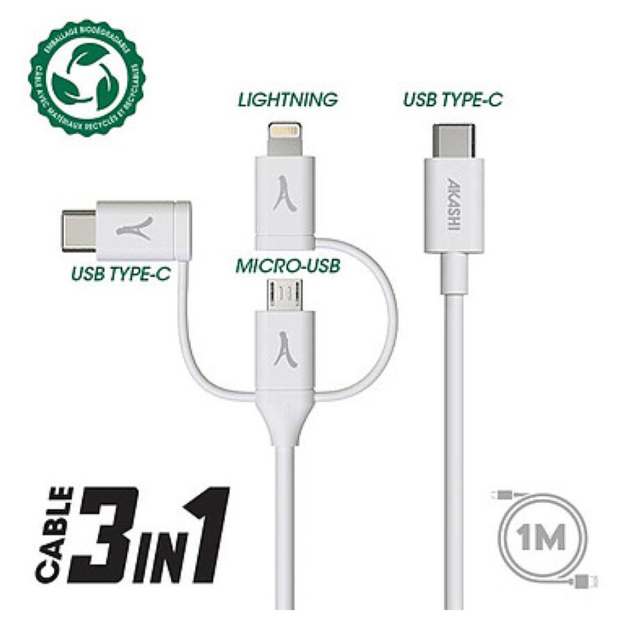 Akashi Câble Eco 3-en-1 USB-C vers USB-C - Lightning - micro USB - 1 m