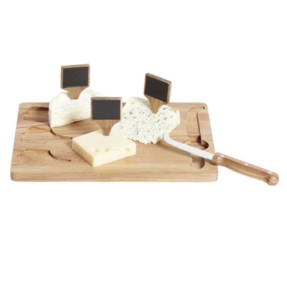 Plateau à fromage en bois avec couteau et 3 pancartes