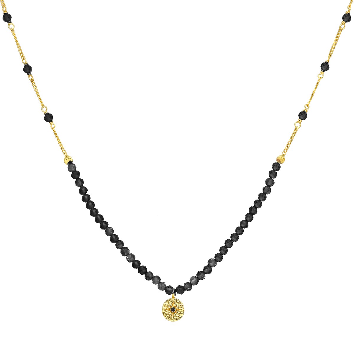 Collier Chaîne Argent Doré Avec Pierres Spinelle Noir Et Pampille