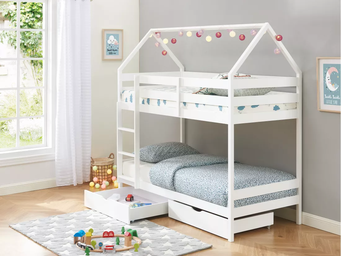 Lits superposés cabane 2 x 90 x 190 cm - 2 tiroirs - Pin - Blanc + Matelas - CHORI
