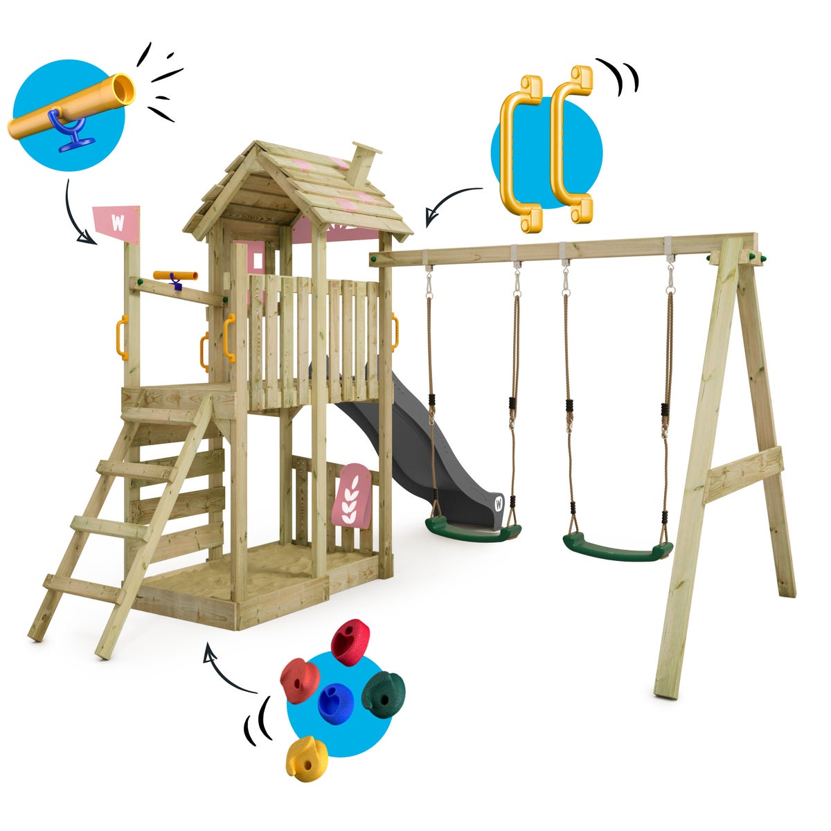 WICKEY FarmFlyer Speeltoren Klimrek met Schommel en Glijbaan, Klimtoren met Zandbak, Ladder en Speelaccessoires – Pastel Roze